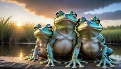 HQ,sitting,closed mouth,full body,outdoors,sky,day,cloud,water,blurry,no humans,animal,sunlight,cloudy sky,grass,reflection,sunset,realistic,sun,frog,puddle,yellow eyes,scenery,lens flare,animal focus,horizontal pupils