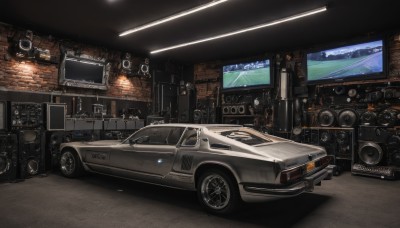 indoors,no humans,ground vehicle,scenery,motor vehicle,realistic,car,vehicle focus,speaker,lights,wheel,sports car,truck,tire,science fiction,brick wall,screen