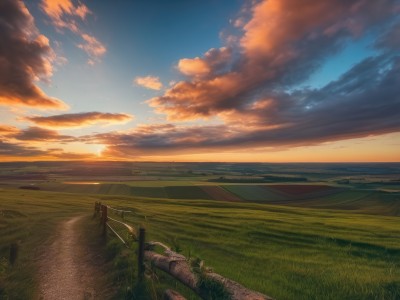 outdoors,sky,day,cloud,water,blue sky,dutch angle,no humans,ocean,sunlight,cloudy sky,grass,scenery,sunset,mountain,horizon,road,field,landscape,path,hill,plant,sun