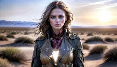 HQ,1girl,solo,long hair,breasts,looking at viewer,blue eyes,brown hair,medium breasts,jacket,upper body,outdoors,parted lips,sky,day,signature,scarf,blurry,lips,neckerchief,depth of field,blurry background,grass,wind,mountain,motion blur,realistic,blonde hair,armor,makeup,sunlight,dirty,desert,denim jacket