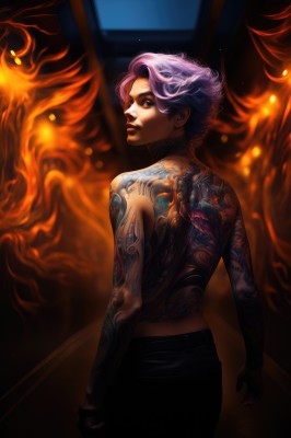 1girl,solo,looking at viewer,short hair,gloves,1boy,pink hair,purple hair,male focus,cowboy shot,looking back,pants,from behind,lips,tattoo,makeup,back,black pants,fire,topless male,realistic,nose,arm tattoo,back tattoo,alternate hairstyle,topless,lipstick,alternate hair length,very short hair,full-body tattoo