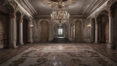 indoors,no humans,window,sunlight,scenery,wooden floor,stairs,door,light,candle,architecture,pillar,statue,ceiling,hallway,carpet,church,arch,candlestand,chandelier,column,blood,light rays,blood splatter,floor