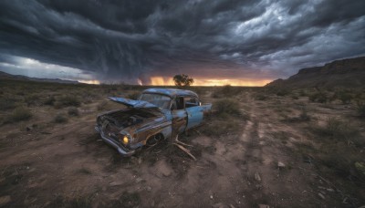 outdoors,sky,cloud,signature,tree,military,no humans,cloudy sky,grass,ground vehicle,scenery,motor vehicle,science fiction,sunset,mountain,realistic,aircraft,car,road,vehicle focus,landscape,sports car