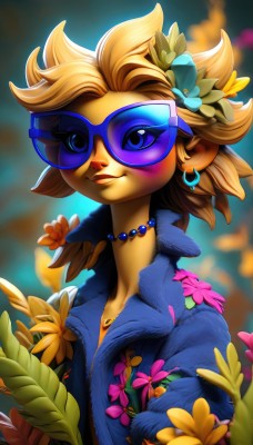 1girl,solo,breasts,looking at viewer,blush,smile,short hair,blue eyes,blonde hair,shirt,hair ornament,jewelry,closed mouth,jacket,upper body,flower,short sleeves,earrings,outdoors,parted lips,open clothes,alternate costume,artist name,signature,hair flower,necklace,blurry,lips,open shirt,makeup,depth of field,blurry background,leaf,happy,sunglasses,blue shirt,lipstick,blue jacket,furry,pink flower,eyeshadow,blue flower,yellow flower,furry female,body fur,tinted eyewear,animal nose,pearl necklace,flower necklace,blue-tinted eyewear,purple-tinted eyewear,eyelashes,spiked hair,unzipped