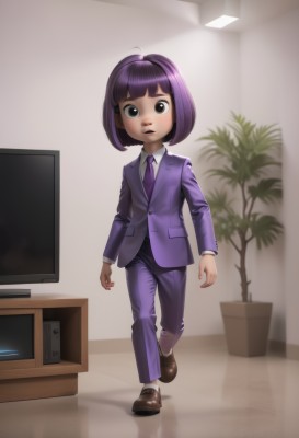 1girl,solo,looking at viewer,short hair,bangs,shirt,long sleeves,standing,jacket,full body,white shirt,purple hair,ahoge,parted lips,necktie,shoes,socks,collared shirt,pants,artist name,indoors,blunt bangs,blurry,black eyes,lips,brown footwear,formal,bob cut,standing on one leg,suit,plant,wing collar,white socks,loafers,child,walking,female child,potted plant,purple jacket,television,purple necktie,pant suit,purple pants,office,open mouth,teeth,flat chest,buttons,watermark,reflection,blue pants