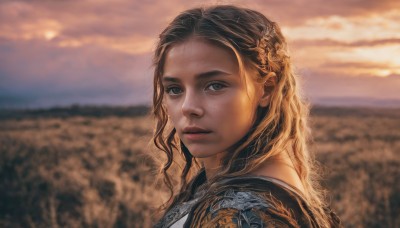 1girl,solo,long hair,looking at viewer,blue eyes,blonde hair,brown hair,upper body,braid,outdoors,parted lips,sky,cloud,blurry,from side,lips,depth of field,blurry background,wavy hair,portrait,freckles,sunset,realistic,nose,field,hair ornament,cloudy sky