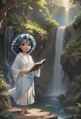 1girl,solo,looking at viewer,blush,smile,short hair,blue eyes,holding,blue hair,standing,full body,outdoors,japanese clothes,barefoot,day,wide sleeves,kimono,water,tree,lips,book,sash,sunlight,child,nature,forest,holding book,curly hair,robe,rock,open book,reading,waterfall,artist name,leaf,plant,white robe