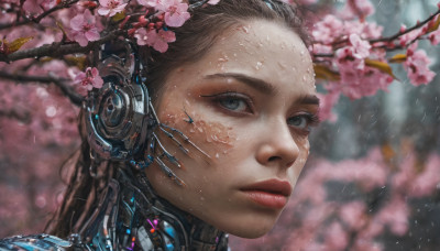 1girl, solo, looking at viewer, brown hair, closed mouth, flower, blurry, lips, wet, grey eyes, eyelashes, depth of field, blurry background, bug, cherry blossoms, portrait, science fiction, rain, realistic, nose, branch