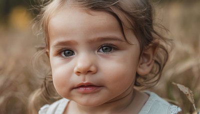 1girl,solo,long hair,looking at viewer,blue eyes,blonde hair,brown hair,closed mouth,blurry,lips,grey eyes,eyelashes,depth of field,blurry background,leaf,child,portrait,close-up,realistic,nose,female child,expressionless