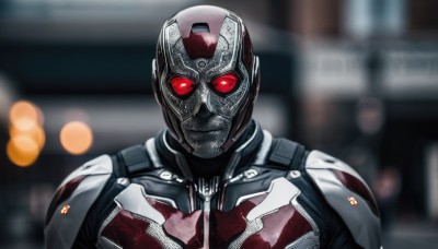 solo,looking at viewer,red eyes,1boy,upper body,male focus,armor,blurry,bodysuit,mask,depth of field,blurry background,glowing,helmet,glowing eyes,science fiction,straight-on,tokusatsu