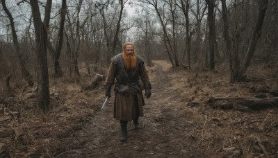 solo,gloves,1boy,holding,standing,full body,weapon,male focus,boots,outdoors,belt,sword,holding weapon,armor,tree,facial hair,knife,nature,scenery,beard,forest,walking,mustache,bare tree,looking at viewer,brown hair,black gloves,black footwear,fur trim,realistic,holding knife,dagger