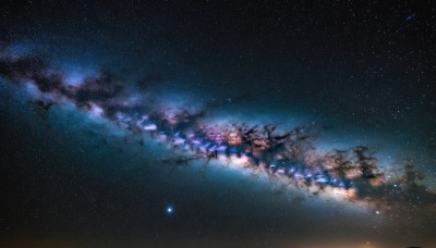 outdoors,sky,cloud,star (symbol),tree,no humans,night,cherry blossoms,star (sky),night sky,scenery,starry sky,reflection,milky way