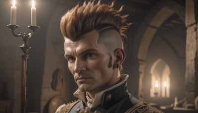 solo,short hair,blonde hair,brown hair,1boy,brown eyes,jewelry,closed mouth,male focus,multicolored hair,earrings,indoors,blurry,uniform,lips,military,military uniform,blurry background,facial hair,portrait,epaulettes,realistic,candle,manly,undercut,candlestand,1girl,long hair,bangs,dark skin,scar,scar across eye