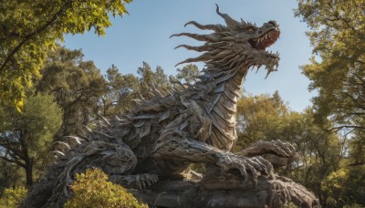 open mouth,outdoors,sky,teeth,day,tree,blue sky,no humans,sharp teeth,nature,scenery,claws,forest,monster,rock,eldritch abomination,tail,artist name,from side,creature,giant