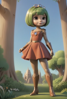 1girl,solo,looking at viewer,smile,short hair,bangs,dress,brown eyes,jewelry,closed mouth,standing,full body,flower,small breasts,boots,outdoors,green hair,sky,day,belt,blunt bangs,high heels,tree,blue sky,red dress,bob cut,grass,tiara,robot,child,android,joints,doll joints,castle,robot joints,mechanical legs,breasts,high heel boots,orange dress,humanization