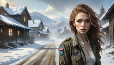 HQ,1girl,solo,long hair,breasts,looking at viewer,blue eyes,blonde hair,brown hair,cleavage,medium breasts,jacket,upper body,outdoors,parted lips,open clothes,sky,day,cloud,uniform,lips,military,military uniform,building,snow,freckles,mountain,realistic,emblem,house,badge,leather jacket,town,open jacket,window,makeup,cross,wind,scenery,lace trim,lace,snowing,architecture,winter