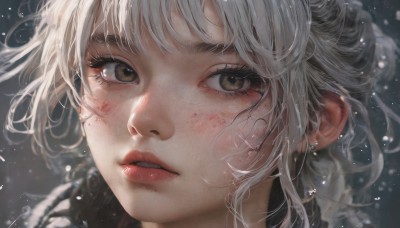 1girl,solo,looking at viewer,short hair,bangs,brown eyes,jewelry,white hair,earrings,parted lips,teeth,artist name,mole,lips,eyelashes,portrait,light particles,close-up,freckles,snowing,realistic,red lips,blurry,looking to the side,blood,makeup,messy hair,snow,blood on face,nose,mole on cheek