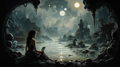 1girl,solo,long hair,black hair,dress,holding,bare shoulders,sitting,braid,outdoors,sky,cloud,water,from behind,black dress,tree,book,night,phone,moon,cloudy sky,scenery,full moon,rock,mountain,skirt hold,fantasy,facing away,dark,castle,fog,strapless,strapless dress,reflection,holding book,sun