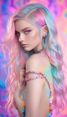 1girl,solo,long hair,breasts,looking at viewer,blush,blue eyes,bare shoulders,jewelry,medium breasts,closed mouth,blue hair,upper body,pink hair,nude,multicolored hair,earrings,small breasts,choker,blurry,from side,two-tone hair,lips,looking to the side,eyelashes,gradient hair,makeup,wavy hair,hand on own chest,gem,eyeshadow,realistic,nose,mascara,necklace,grey eyes,ring,armlet,beads,multicolored background,pearl (gemstone)