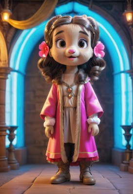 1girl,solo,long hair,looking at viewer,smile,open mouth,brown hair,hair ornament,long sleeves,dress,brown eyes,jewelry,standing,full body,flower,boots,teeth,indoors,hair flower,necklace,blurry,coat,fur trim,blurry background,brown footwear,drill hair,furry,pink flower,curly hair,robe,furry female,arms at sides,body fur,animal nose,parted lips,open clothes,dark skin,flat chest,dark-skinned female,lips,loli,freckles,brown fur