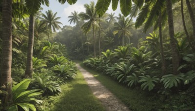 outdoors,sky,day,cloud,tree,blue sky,no humans,shadow,leaf,sunlight,grass,plant,nature,scenery,forest,palm tree,bush,shade,dappled sunlight,cloudy sky,light rays,road,green theme,path