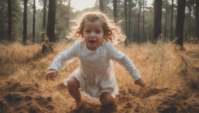 1girl,solo,long hair,looking at viewer,open mouth,brown hair,long sleeves,dress,brown eyes,full body,outdoors,barefoot,teeth,day,white dress,tree,squatting,grass,child,nature,forest,realistic,female child,short hair,running,one knee,dirty,horror (theme)