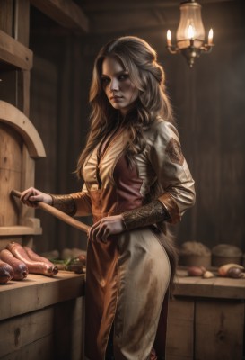 1girl,solo,long hair,breasts,looking at viewer,brown hair,long sleeves,dress,holding,closed mouth,standing,grey hair,food,artist name,indoors,signature,blurry,lips,blurry background,knife,lantern,realistic,candle,carrot,bread,dirty,meat,vegetable,potato,blonde hair,jewelry,medium breasts,jacket,weapon,kitchen,onion