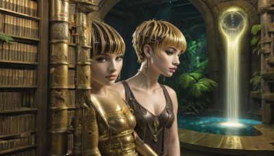 breasts,looking at viewer,short hair,bangs,multiple girls,blonde hair,brown hair,black hair,hair ornament,2girls,cleavage,bare shoulders,brown eyes,jewelry,medium breasts,collarbone,upper body,earrings,small breasts,water,armor,lips,book,makeup,leaf,plant,reflection,realistic,clock,bookshelf,pillar,library,necklace,fantasy,potted plant