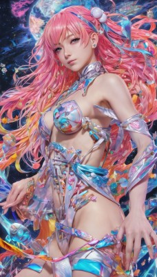 1girl,solo,long hair,breasts,looking at viewer,bangs,hair ornament,navel,bare shoulders,jewelry,medium breasts,pink hair,multicolored hair,cowboy shot,earrings,nail polish,lips,ring,revealing clothes,science fiction,space,planet,jellyfish,blue eyes,closed mouth,swimsuit,thighs,see-through,watermark,fish,bubble,underwater,realistic,nose