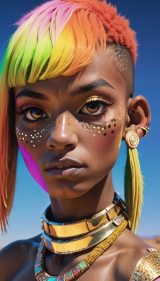 1girl,solo,looking at viewer,short hair,blonde hair,bare shoulders,brown eyes,jewelry,upper body,multicolored hair,earrings,parted lips,dark skin,necklace,orange hair,collar,dark-skinned female,lips,eyelashes,makeup,blue background,piercing,ear piercing,portrait,close-up,armlet,eyeshadow,freckles,asymmetrical hair,realistic,nose,eyeliner,neck ring,very dark skin,mascara,rainbow hair,bangs,collarbone,green hair,two-tone hair,gradient,gradient background,tattoo,gradient hair,feathers,facepaint,tribal