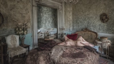 1girl,1boy,ass,flower,nude,red hair,lying,barefoot,indoors,pillow,book,completely nude,bed,bed sheet,on bed,on side,chair,table,scenery,couch,realistic,blanket,lamp,bedroom,cushion,vase,painting (object),carpet,candlestand,rug,solo,breasts,navel,medium breasts,nipples,small breasts,on back,white footwear,plant,breasts apart,potted plant,candle,on couch,chandelier