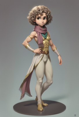 1girl,solo,breasts,looking at viewer,smile,short hair,simple background,brown hair,brown eyes,standing,full body,small breasts,belt,pants,dark skin,scarf,dark-skinned female,lips,hand on hip,muscular,abs,armlet,curly hair,toned,white pants,muscular female,bracer,afro,jewelry,grey background,armor,armband