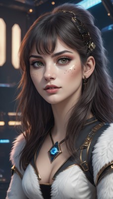 1girl,solo,long hair,breasts,looking at viewer,bangs,brown hair,black hair,hair ornament,cleavage,brown eyes,jewelry,medium breasts,upper body,earrings,parted lips,artist name,necklace,mole,blurry,lips,fur trim,eyelashes,makeup,blurry background,gem,pendant,freckles,realistic,nose,teeth,watermark