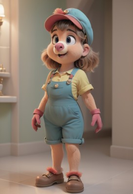 1girl,solo,smile,short hair,open mouth,blue eyes,brown hair,shirt,gloves,hat,standing,full body,short sleeves,:d,shoes,teeth,collared shirt,indoors,medium hair,black eyes,flat chest,brown footwear,child,furry,blue headwear,yellow shirt,female child,lamp,overalls,arm hair,blue overalls,overall shorts,1boy,male focus,shorts,thick eyebrows,light,leg hair,hairy