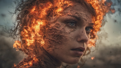 1girl, solo, short hair, blue eyes, brown hair, parted lips, lips, eyelashes, fire, portrait, smoke, realistic, burning