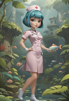 1girl,solo,breasts,looking at viewer,smile,short hair,bangs,hat,dress,holding,brown eyes,closed mouth,blue hair,standing,full body,yellow eyes,short sleeves,small breasts,boots,outdoors,shoes,day,artist name,signature,blunt bangs,water,high heels,tree,lips,hand on hip,wrist cuffs,aqua hair,makeup,animal,leaf,sunlight,white footwear,bob cut,cross,plant,building,pink dress,nature,fish,pocket,light rays,nurse cap,nurse,sunbeam,ruins,red cross,green eyes,uniform,watermark