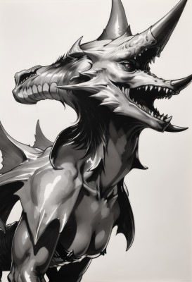 solo,breasts,open mouth,simple background,cleavage,medium breasts,purple eyes,tail,monochrome,greyscale,wings,horns,teeth,grey background,from side,no humans,muscular,sharp teeth,single horn,spikes,spot color,monster,dragon,white background,upper body,signature,profile,colored sclera,black sclera