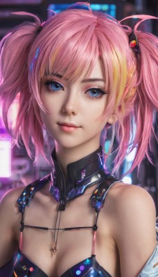 1girl,solo,breasts,looking at viewer,smile,short hair,bangs,blue eyes,blonde hair,hair ornament,cleavage,bare shoulders,twintails,jewelry,medium breasts,closed mouth,collarbone,upper body,pink hair,multicolored hair,small breasts,necklace,off shoulder,blurry,lips,streaked hair,eyelashes,makeup,detached collar,blurry background,short twintails,pink lips,realistic,nose,swimsuit,bikini,artist name,signature,depth of field,swept bangs,lipstick,close-up,eyeshadow,eyeliner,mascara,cyberpunk