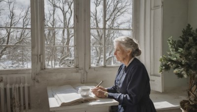 1girl,solo,long sleeves,dress,holding,jewelry,sitting,white hair,grey hair,indoors,hair bun,from side,tree,cup,book,window,profile,chair,table,single hair bun,ring,plant,snow,teacup,watch,paper,open book,realistic,pen,wristwatch,old,winter,old man,bare tree,writing,old woman,wrinkled skin,short hair,closed mouth,upper body,day,wooden table