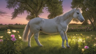 solo,flower,outdoors,sky,cloud,tree,no humans,rose,animal,grass,plant,nature,scenery,pink flower,forest,sunset,realistic,yellow flower,field,horse,twilight,gradient sky,purple sky,unicorn,standing,full body,from side,bush,animal focus,pink rose