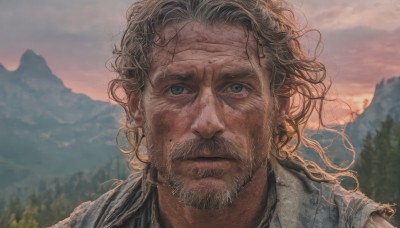 solo,long hair,looking at viewer,blue eyes,blonde hair,brown hair,shirt,1boy,closed mouth,male focus,outdoors,sky,tree,grey eyes,facial hair,scar,messy hair,portrait,nature,beard,forest,mountain,realistic,mustache,cloud,mole,blurry,lips,cloudy sky,scar on face,sunset,mountainous horizon,wrinkled skin