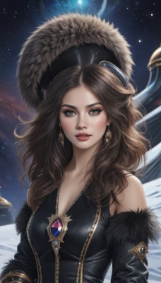 1girl,solo,long hair,breasts,looking at viewer,brown hair,gloves,hat,cleavage,bare shoulders,brown eyes,jewelry,medium breasts,collarbone,upper body,earrings,parted lips,detached sleeves,sky,artist name,signature,lips,fur trim,black headwear,makeup,night,wavy hair,gem,star (sky),night sky,zipper,starry sky,realistic,red lips,dress,outdoors,moon,lipstick