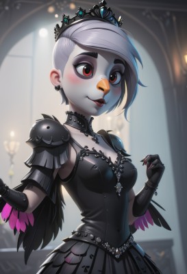 1girl,solo,breasts,looking at viewer,blush,smile,short hair,bangs,red eyes,gloves,dress,cleavage,jewelry,medium breasts,closed mouth,collarbone,upper body,white hair,grey hair,cowboy shot,earrings,small breasts,choker,black gloves,elbow gloves,artist name,indoors,nail polish,armor,blurry,black dress,lips,fingernails,eyelashes,covered navel,makeup,depth of field,blurry background,colored skin,tiara,feathers,crown,lipstick,shoulder armor,pale skin,red nails,eyeshadow,long fingernails,pauldrons,red lips,candle,shoulder pads,mascara,black feathers,brown eyes,necklace,freckles,very short hair,gothic