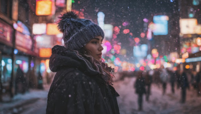 1girl, solo, long hair, black hair, hat, upper body, outdoors, solo focus, hood, blurry, from side, lips, coat, profile, night, depth of field, blurry background, snow, snowing, city, realistic, nose, beanie, winter clothes, winter