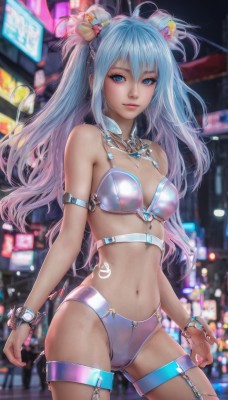 1girl,solo,long hair,breasts,looking at viewer,smile,bangs,blue eyes,hair ornament,thighhighs,navel,cleavage,bare shoulders,twintails,jewelry,medium breasts,closed mouth,underwear,blue hair,standing,panties,swimsuit,bikini,multicolored hair,cowboy shot,necklace,bra,blurry,bracelet,two side up,lips,bell,gradient hair,thigh strap,blurry background,o-ring,realistic,neon lights,hair between eyes,hair bow,small breasts,outdoors,artist name,nail polish,armor,night,armlet,bikini armor