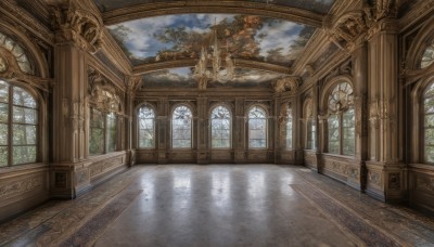 outdoors,sky,day,cloud,indoors,water,tree,blue sky,no humans,window,sunlight,cloudy sky,building,scenery,reflection,stairs,fantasy,architecture,pillar,church,arch,reflective floor,chandelier,column,plant,wooden floor,candle,painting (object),floor,carpet,candlestand