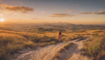 1girl,solo,long hair,black hair,dress,standing,outdoors,sky,cloud,from behind,sunlight,cloudy sky,grass,scenery,sunset,mountain,sun,horizon,facing away,road,field,wide shot,landscape,mountainous horizon,path,hill,shadow,orange sky