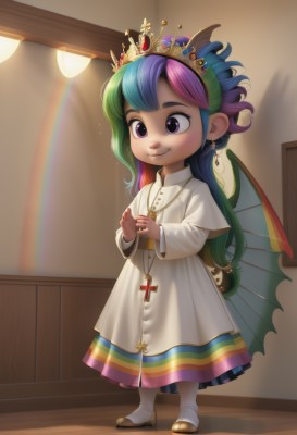 1girl,solo,long hair,smile,long sleeves,dress,jewelry,closed mouth,blue hair,standing,purple eyes,full body,pink hair,purple hair,multicolored hair,earrings,green hair,wings,horns,shoes,artist name,indoors,necklace,white dress,two-tone hair,watermark,ring,cross,tiara,crown,child,personification,freckles,wooden floor,female child,slippers,cross necklace,rainbow,rainbow hair,holding jewelry,boots