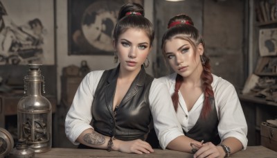 long hair,breasts,looking at viewer,blue eyes,multiple girls,brown hair,shirt,black hair,hair ornament,long sleeves,2girls,jewelry,sitting,closed mouth,white shirt,upper body,braid,red hair,multicolored hair,earrings,collared shirt,indoors,hair bun,mole,blurry,black eyes,vest,twin braids,bracelet,two-tone hair,lips,grey eyes,eyelashes,dress shirt,tattoo,gradient hair,makeup,blurry background,siblings,scar,table,single hair bun,ring,sisters,hair over shoulder,sleeves rolled up,watch,black vest,hoop earrings,realistic,wristwatch,arm tattoo,shelf,side-by-side,mascara,bangs,cleavage,nail polish,fingernails,bottle,black nails,partially unbuttoned,sleeves pushed up