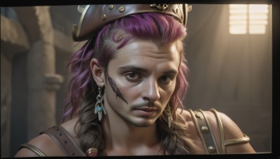 solo,long hair,looking at viewer,1boy,hat,brown eyes,jewelry,purple hair,braid,male focus,multicolored hair,earrings,parted lips,solo focus,blurry,black eyes,two-tone hair,lips,blurry background,facial hair,border,portrait,beard,freckles,realistic,nose,mustache,black border,1girl,brown hair,scar,scar on face